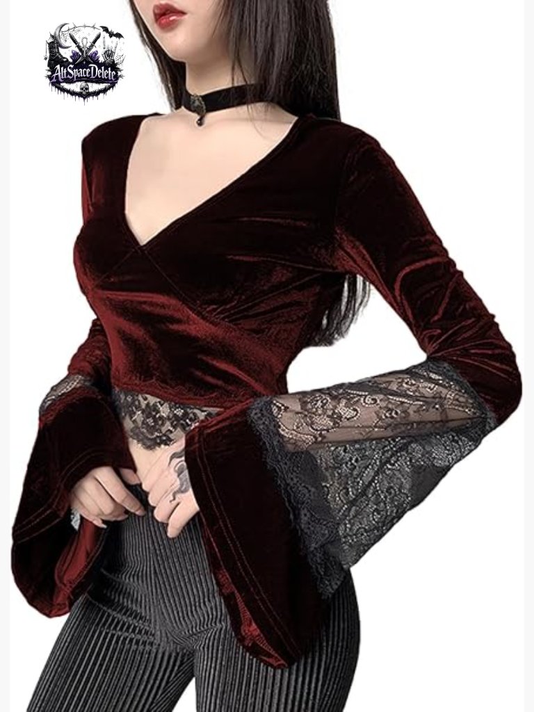 Gothic Velvet Crop Top Long Sleeve V-Neck Lace Patchwork Shirt